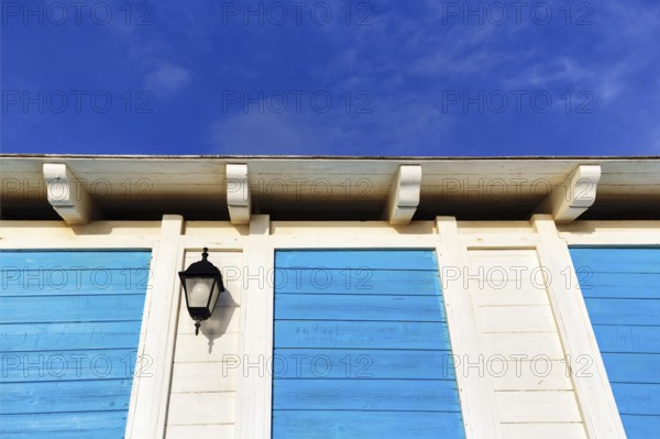 Beach house, blue and white, facade detail with lantern, Lido Scala dei Turchi, Realmonte, Agrigento, Sicily, south coast, Mediterranean, Italy