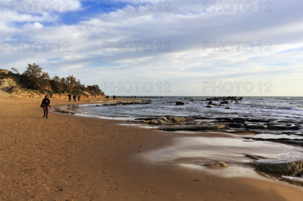 Stroller on the beach, Lido Scala dei Turchi, coastline, Realmonte, Agrigento, Sicily, south coast, Mediterranean, Italy