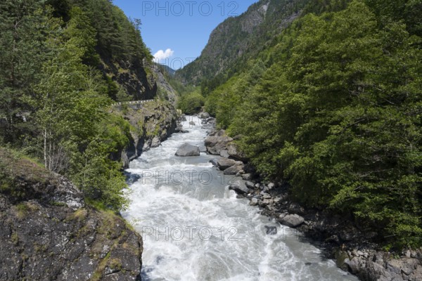 Wild water flows through a rocky valley, Enguri River near Khaishi, Mingrelia and Upper Svaneti region, Georgia