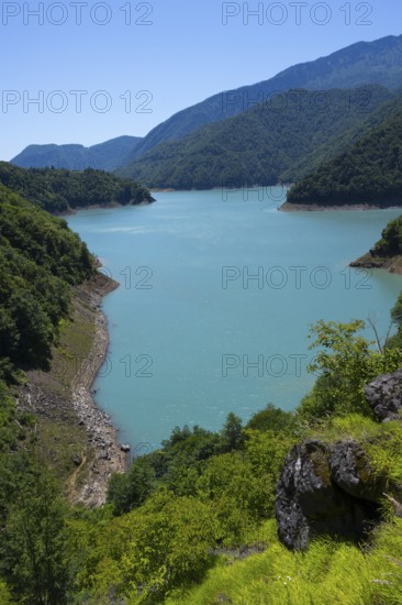 Fascinating panorama of a lake surrounded by mountains, Jvari Reservoir, Enguri River, Mingrelia region and Upper Svaneti, Georgia
