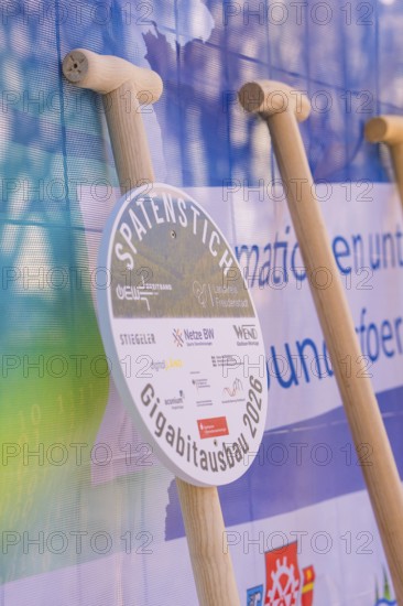 Detailed view of spade and an iconic groundbreaking sign, fiberglass groundbreaking, Freudenstadt, Germany