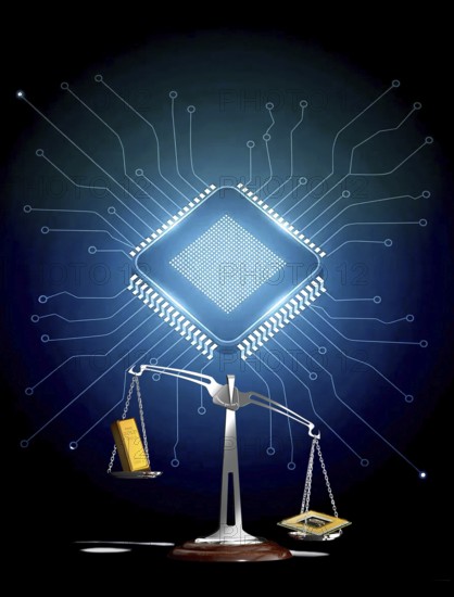 Symbolic photo, microchip better than gold, supply bottleneck, chip mass buying, computer industry, Taiwan problem, financial market, stock exchange, charts, prices, rising, falling, dealer, broker, investment banker, central bank, ECB, international markets, resistance to USA and mafia methods of Donald Trump, elections, EU elections, population, multilateral negotiation, economic areas, capitalism, communism, treaties, agreements, nation states, agreement, international law, opponents, protectionism, espionage, customs agreement, taxation, European Parliament, Brussels, American tariff policy, Donald Trump