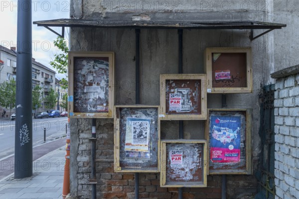Empty information boxes on a house wall, Cluj-Napoca, Transylvania, Romania