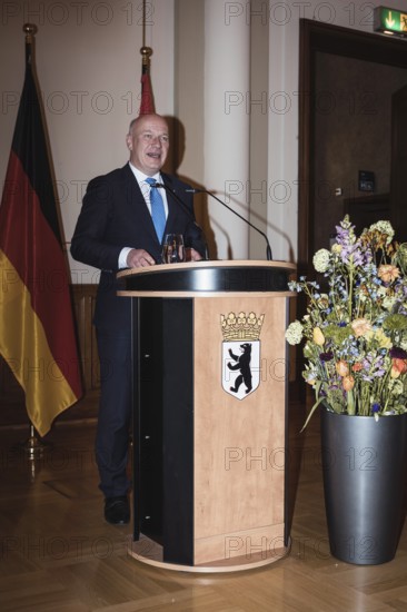 Kai Wegner, Governing Mayor of Berlin, gives a speech in front of a dinner in honor of the honorary citizen of Berlin, Federal President Frank-Walter Steinmeier, given by Kai Wegner, at Berlin's Red Town Hall on 28.01.2026