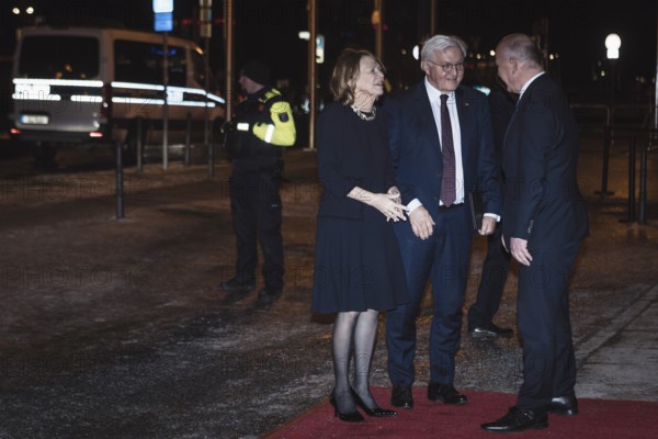 Frank-Walter Steinmeier and woman Elke Büdenbender are welcomed by Kai Wegner on arrival for dinner in honor of the Honorary Citizen of Berlin, Federal President Frank-Walter Steinmeier, given by Kai Wegner, Governing Mayor of Berlin, at Berlin's Red Town Hall on 28.01.2026