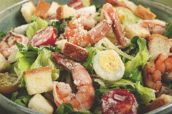 Caesar salad, with tiger prawns, shrimp salad, lettuce, quail eggs, cherry tomatoes, parmesan cheese, no people