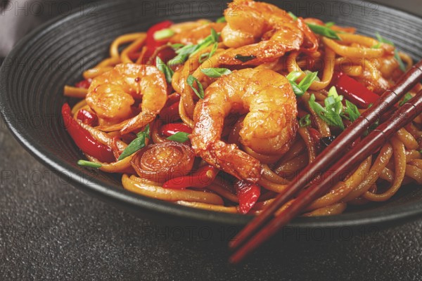 Udon stir-fry shrimp noodles with red bell pepper and green onion, served in a black bowl, with chopsticks, dark background