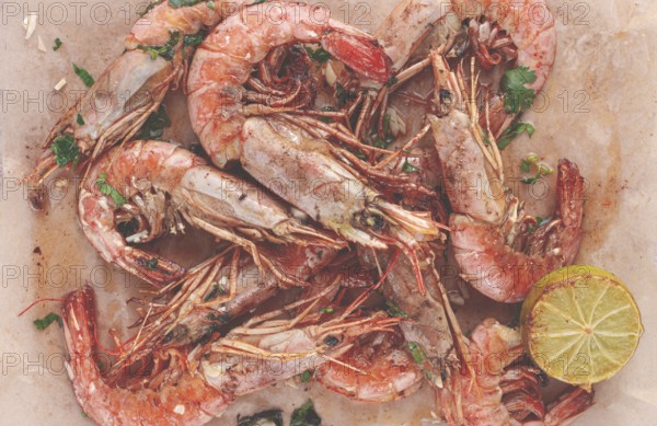 Juicy grilled shrimp, placed on a baking sheet lined with parchment paper, garnished with herbs and lemon