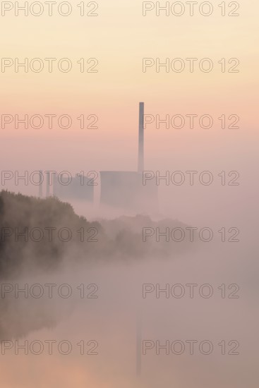 Datteln-Hamm Canal and Gersteinwerk power plant in morning fog at sunrise, Bergkamen, North Rhine-Westphalia, Germany
