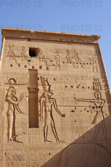 Relief of the falcon-headed god Horus and the goddess Hathor, temple of Philae, UNESCO World Heritage Site, Agilkia island, Aswan, Nubia, Egypt