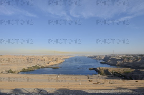 Nile and desert landscape at Aswan High Dam, Aswan, Egypt