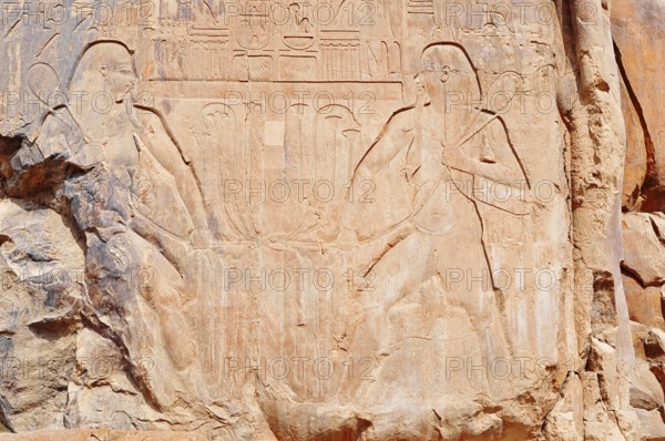 Relief of the Nile god Hapi, Colossi of Memnon, statue of King Amenhotep III, West Thebes, Luxor, Egypt