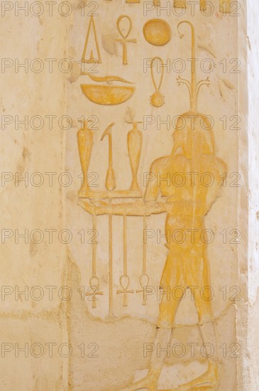 Column with relief of the Nile god Hapi, Hatshepsut temple, Hatshepsut mortuary temple, Deir el-Bahari, Thebes, Luxor, Egypt