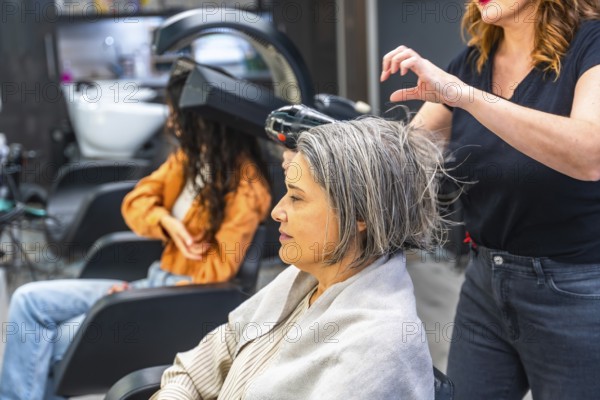 Hair stylist blow drying gray hair of a senior woman sitting in a hair salon, with another client using a hair dryer machine in background, showcasing beauty and personal care