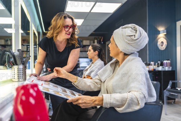 Hairdresser and female client discussing hair color and style options using a color chart, representing consultation, beauty, and professional service in a modern salon environment