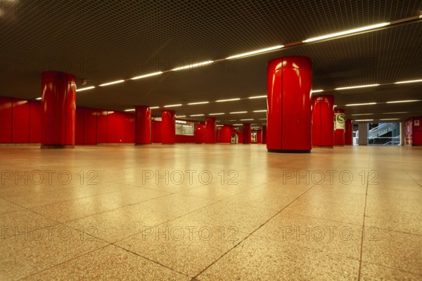 March 18, 2018, underground train with red columns in city center, Stuttgart, Baden-Württemberg, Germany
