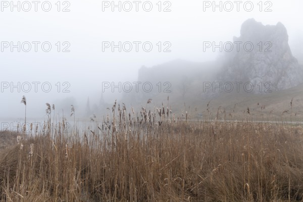 Spring 2026: Mystic morning fog surrounding the Stone Virgins (Steinerne Jungfrauen) rock formation. Herbrechtingen, Baden-Wuerttemberg, Germany