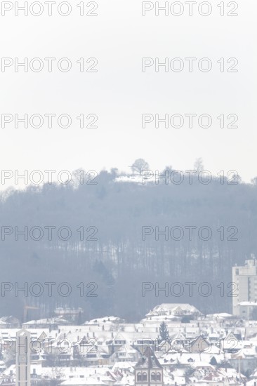 March 18, 2018, winter view with snow toward Mount Scherbelino from main station tower, Stuttgart, Baden-Württemberg, Germany