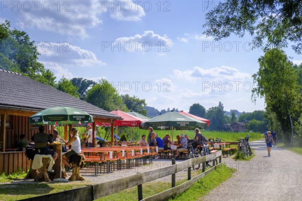Fischhütte horse-rider am Chiemsee bei Stock, Prien, Chiemgau, Upper Bavaria, Bavaria, Bavaria, Germany