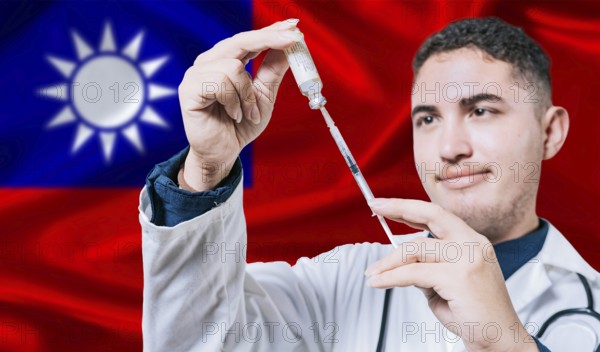 Doctor holding syringe on Taiwan flag background. Medical professional holding syringe with Taiwanese flag in the background