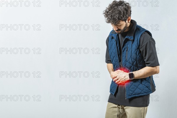 Sore man with digestive problems isolated. Person with digestive and stomach problems isolated