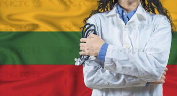 Healthcare professional with Lithuania flag background. Professional doctor holding stethoscope on Lithuania flag background