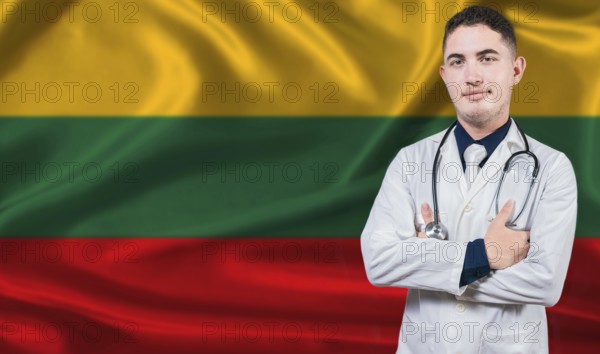Portrait of medical professional on Lithuania flag background. Lithuanian national health system