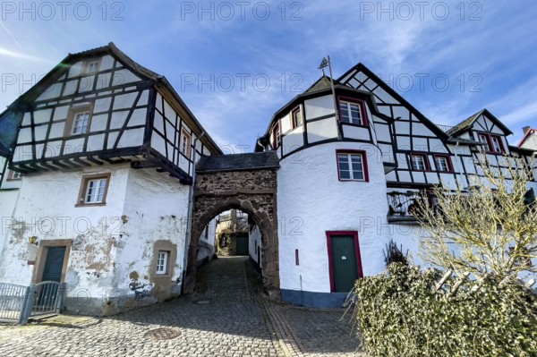 Castle gate in historic Burgbering from access to medieval Höhenburg Reifferscheid Castle Excursion destination in Eifel, Reifferscheid, Hellenthal, Euskirchen district, North Rhine-Westphalia, Germany