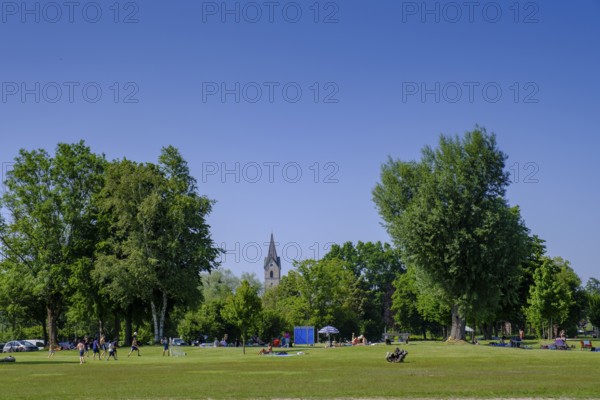 Freibad, Strandbad, Sunbathing lawn, Seebruck am Chiemsee, Chiemgau, Upper Bavaria, Bavaria, Germany