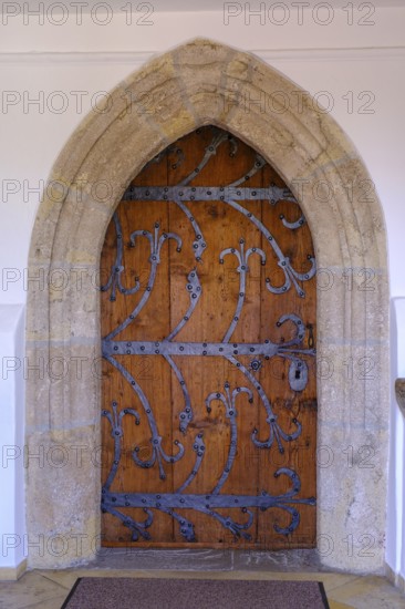 Decorated church door, Seebruck am Chiemsee, Chiemgau, Upper Bavaria, Bavaria, Germany