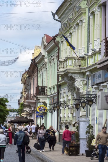 Shopping street with house facades from the 19th century, Czernowicz, Ukraine
