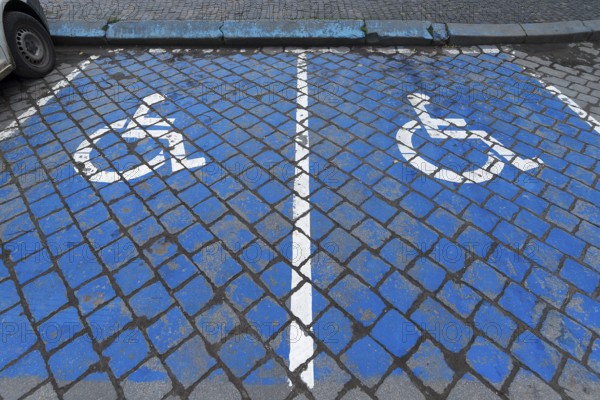 Parking spaces marked in blue for disabled people, Czernowicz, Ukraine