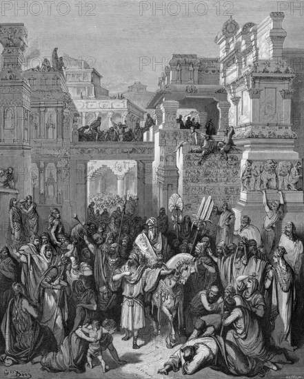 Triumph of the Jew Mordachai, he rides through the city, Mordecai is honored, Bible, Old Testament, Esther 6, verse 11, ancient cityscape, decorations, jewelry, trumpet, honor, glorious reception, crowd, triumph, enthusiasm, spectator, Esther, historical illustration after Gustave Doré around 1880