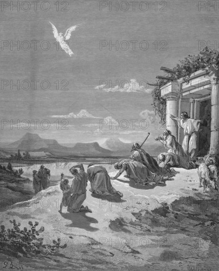 Tobias's family sees the angel Raphael disappear, Bible, Old Testament, book Tobias 12, verse 21, Tobit, mountain landscape, small temple, hill, faith, pray, kneel down, lake, sky, wings, fly, float, historical illustration based on Gustave Doré around 1880