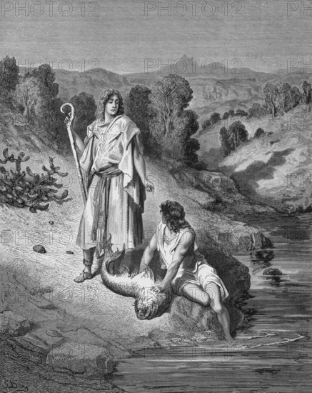 Tobias and the Angel, book Tobit or Tobias, Bible, Old Testament, book Tobias 6, verse 6, landscape, historical illustration based on Gustave Doré around 1880