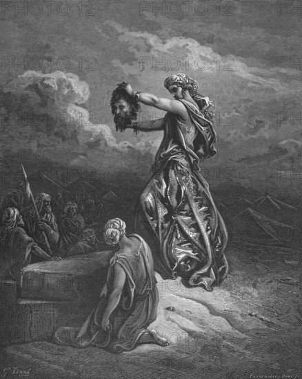 Judith shows the head of the Syrian genral, whom she herself beheaded, Holofernes, Bible, Old Testament, book Judith 13, verse 19, ruler, death, murder, head, Syria, general, kill, joy, pride, rescue, perpetrator, beheading, Israelites, tents, group, woman, historical illustration based on Gustave Doré around 1880