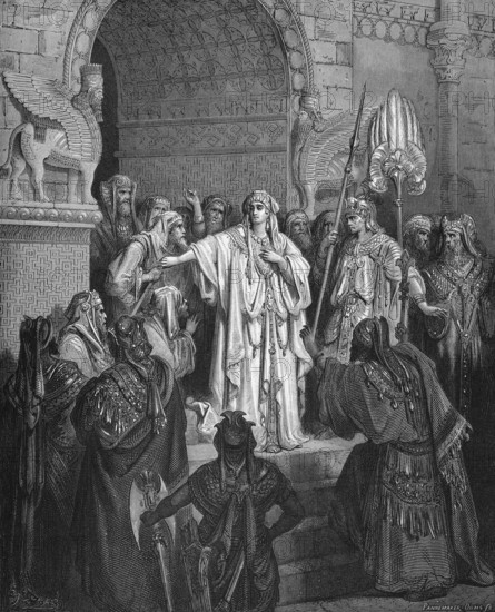 Queen Basthi refuses to come to the king, who became very angry and angry, Bible, Old Testament, Esther, verse 12, Bashti, Esther, eunuch, message, command, order, envoy, court, deliver, refuse, surrender, pride, anger, anger, feelings, entourage, palace, decorations, entrance, steps, group, warning, historical illustration based on Gustave Doré around 1880
