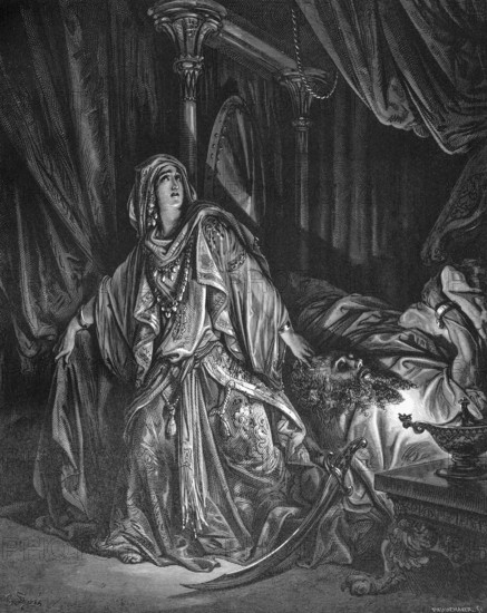 Judith beheads the tyrant Holofernes and thus saves a people of the Israelites, Bible, Old Testament, book Judith 13, verse 10, apocrypha, interior, bedchamber, bed, ruler, violence, death, murder, rescue, head, sword, horror, face, look at the sky, behead, historical illustration based on Gustave Doré around 1880