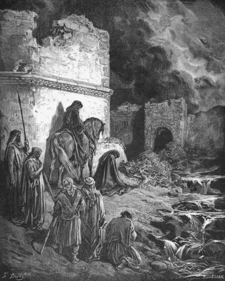 Nehemiah and his comrades at the city gate in front of the walls Jesrusalem, Israel, Bible, Old Testament, Nehemiah 2, verse 13, fire, conflames, smoke, city wall, fortification, group, rider, horse, stream, destruction, historical illustration after Gustave Doré around 1880