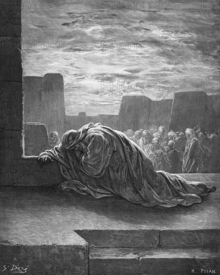 Ezra praying to God at the time of the evening sacrifice, Bible, Old Testament, Ezra 9, verse 5, Ezra scribe from Babylon, God, grief, robe, kneeling down, stone floor, people, fortress, Esdras, evening, sky, historical illustration after Gustave Doré around 1880