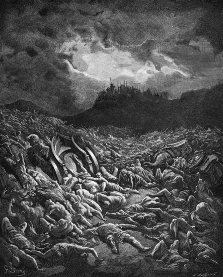 The inhabitants of Judah keep an eye out for the enemy army, but they only see bodies lying on the ground, Bible, Old Testament, Second Chronicles 20, verse 24, Ammonites, Moabites, dead, lying on the ground, destruction, raid, mountain ridges, army, weapons, dark sky, grief, combat wagon, horses, historical illustration based on Gustave Doré around 1880