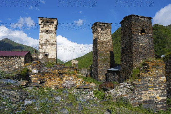 Historic stone towers of a mountain village under clear blue sky, defensive towers, Ushguli, Ushguli, Murqmeli district, Upper Svaneti, Svaneti, Georgia