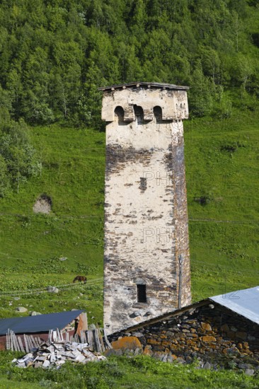 A single stone tower in a green mountainous landscape, defensive towers, Ushguli, Murqmeli district, Upper Svaneti, Svaneti, Georgia