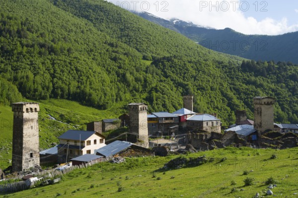 A mountain village with historic towers surrounded by green forests and mountains, defensive towers, Ushguli, Murqmeli district, Upper Svaneti, Svaneti, Georgia