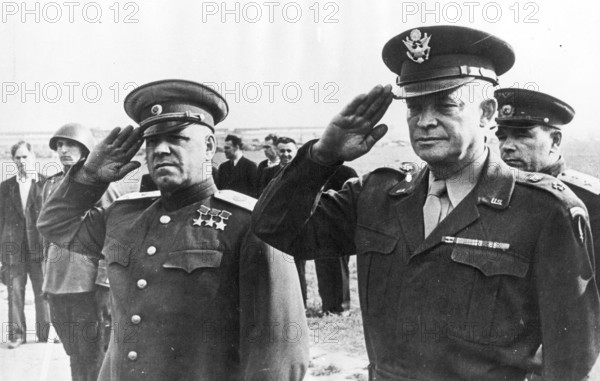 Eisenhauer and Zhukov at Tempelhof Berlin Airport, presumably June 1945, Germany