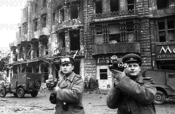 Soviet soldiers with film cameras in Berlin, June 1945, Germany