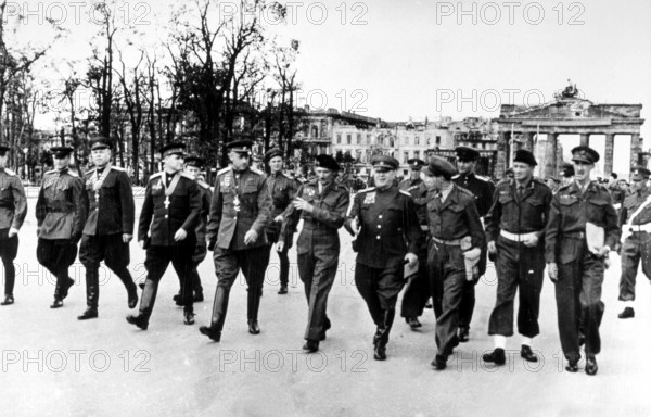 Montgomery and Zhukov visit the Brandenburg Gate with a delegation, Berlin June 1945, Germany