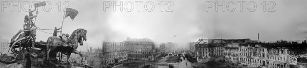 Panorama of Pariser Platz on May 2, 1945, seen from the roof of the Brandenburg Gate. Montage from three photos. Mitte, Berlin, Germany