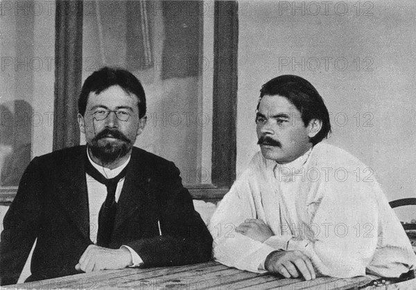 Anton Chekhov (1860-1904) and Leo Tolstoy in Yalta, Russian writer, historical Russia. With his typically value-neutral and reserved way of depicting aspects of the life and way of thinking of people in the Russian provinces, Chekhov is considered one of the most important authors in Russian literature