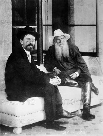 Anton Chekhov (1860-1904), Leo Tolstoy (right) and Anton Chekhov in Yalta, Russian writer, historical Russia. With his typically value-neutral and reserved way of depicting aspects of the life and way of thinking of people in the Russian provinces, Chekhov is considered one of the most important authors in Russian literature